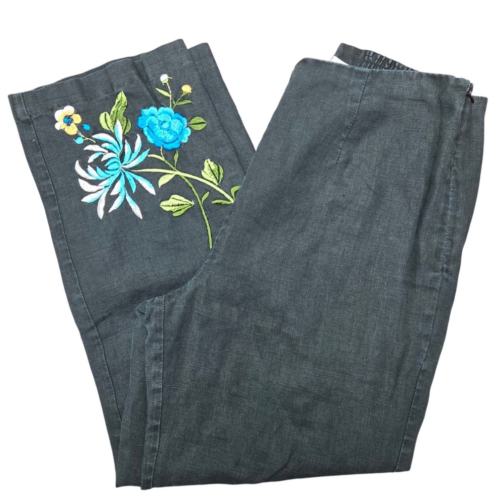S.L.B. Linen Floral Embroidered Pants Womens 4 Black Straight Leg Boho Lagenlook